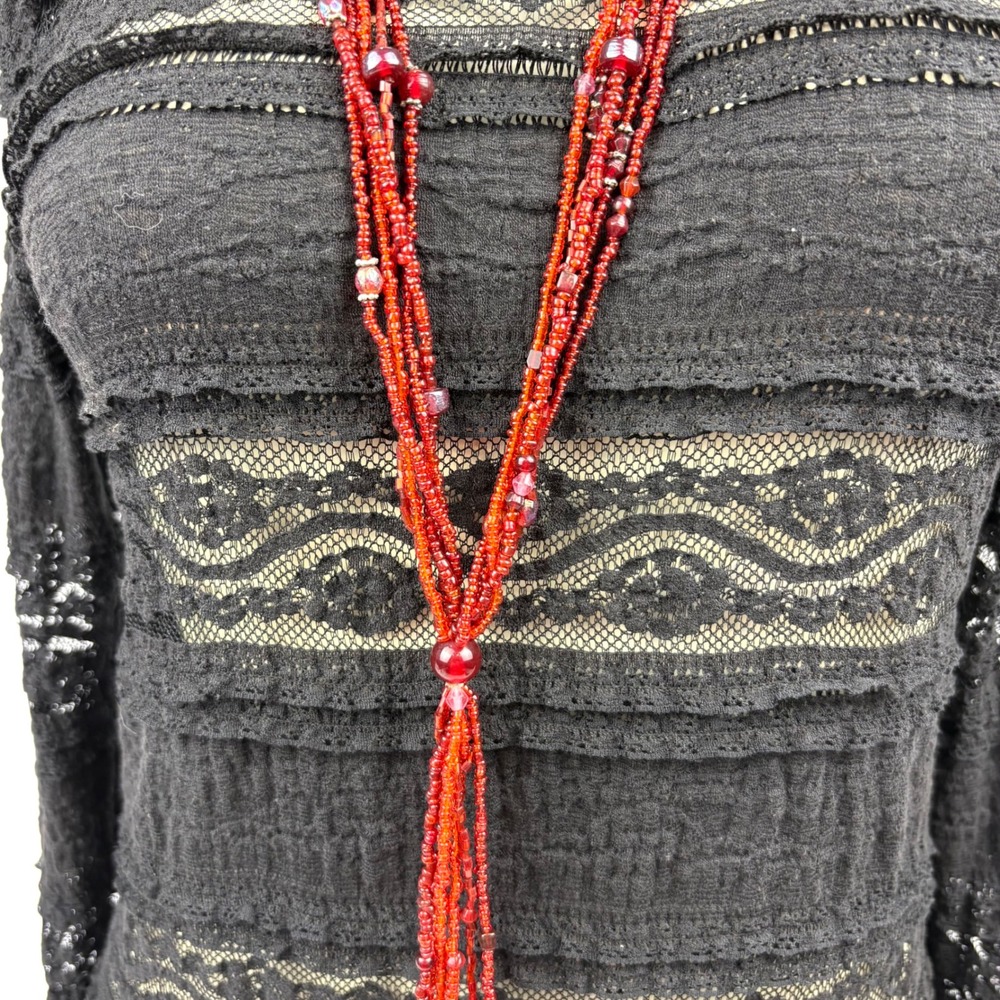 Vtg Y2K Red Multi Strand Seed Bead Lariat Necklace Faceted Crystal Boho Tassel